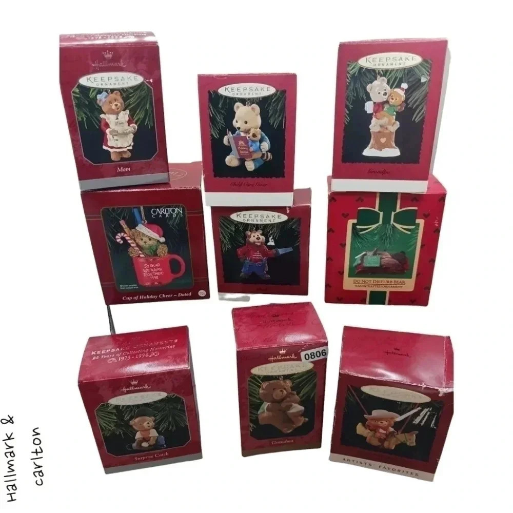 Hallmark &carlton vtg lot of 9 hand crafted ornaments bears